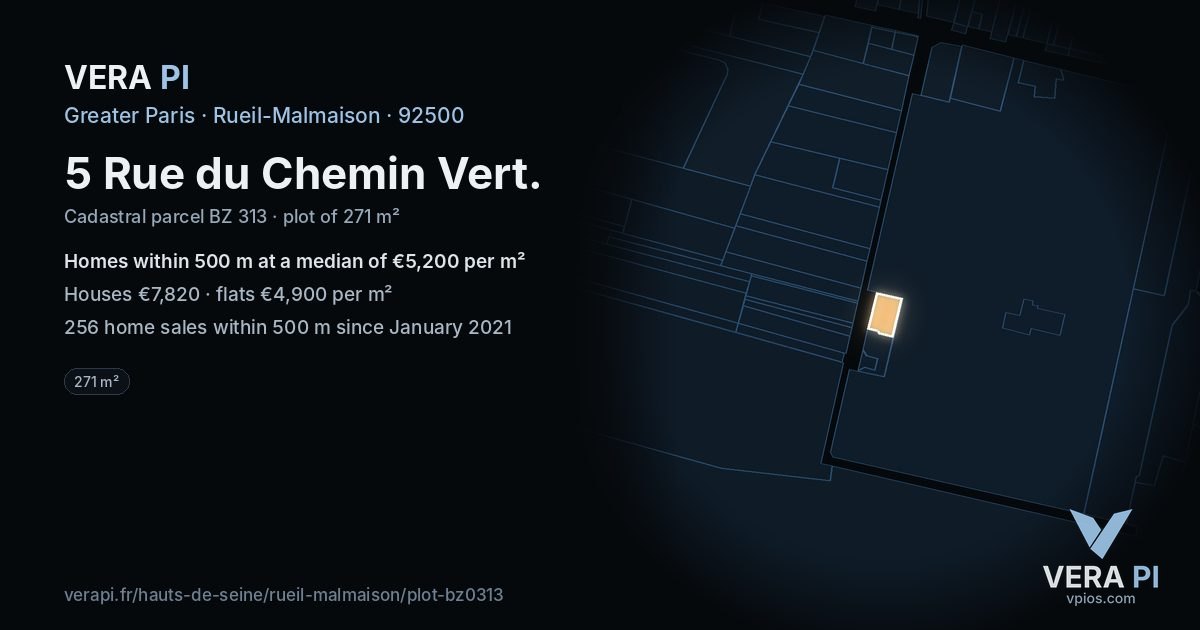 5 Rue du Chemin Vert, Rueil-Malmaison at night – the plot lit, the parcels around coloured by the prices near them