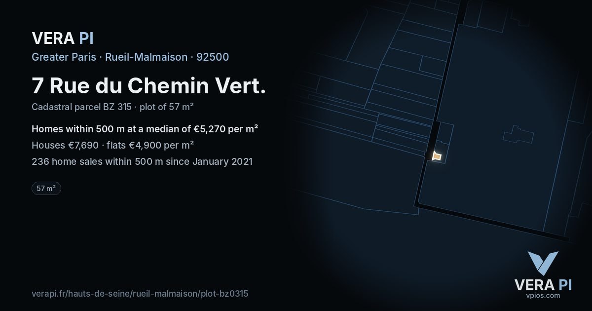7 Rue du Chemin Vert, Rueil-Malmaison at night – the plot lit, the parcels around coloured by the prices near them