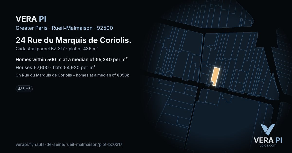 24 Rue du Marquis de Coriolis, Rueil-Malmaison at night – the plot lit, the parcels around coloured by the prices near them