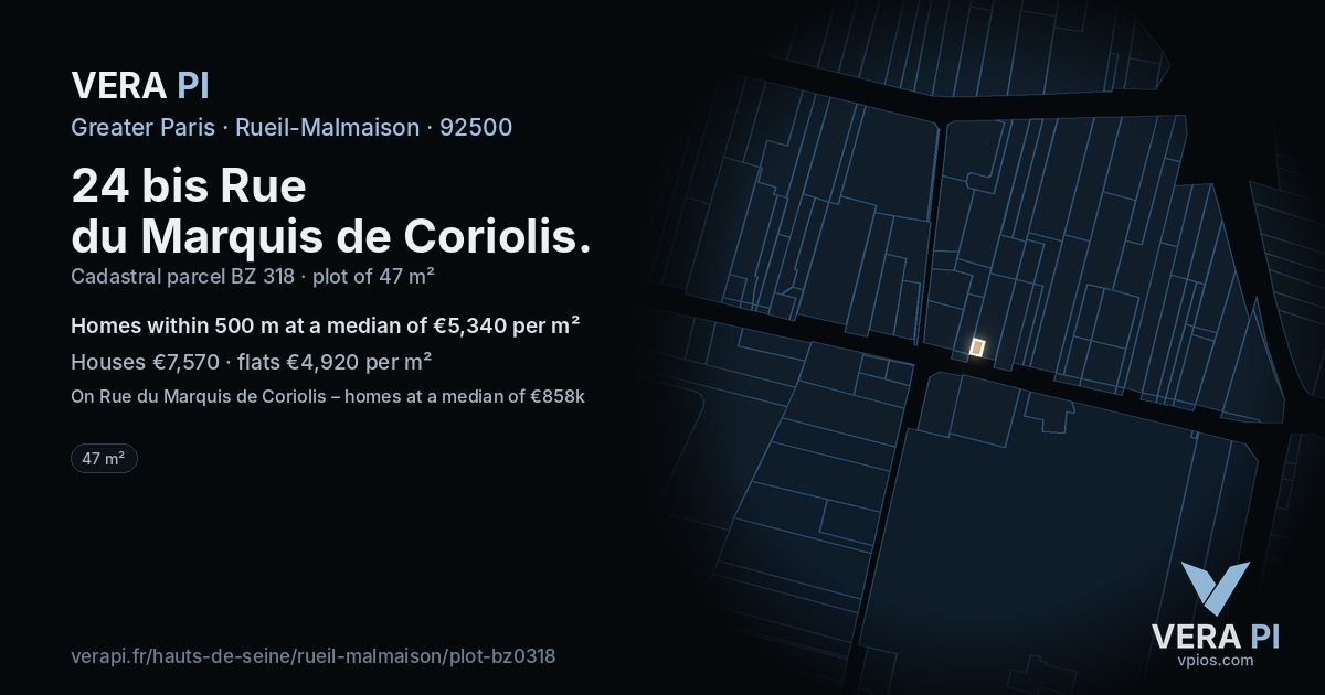 24 bis Rue du Marquis de Coriolis, Rueil-Malmaison at night – the plot lit, the parcels around coloured by the prices near them