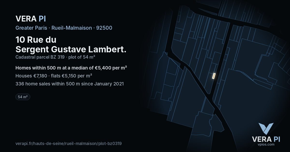 10 Rue du Sergent Gustave Lambert, Rueil-Malmaison at night – the plot lit, the parcels around coloured by the prices near them