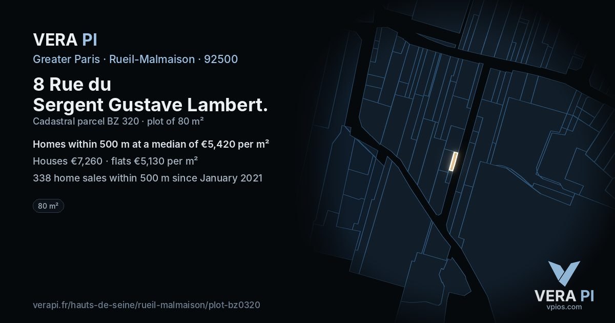 8 Rue du Sergent Gustave Lambert, Rueil-Malmaison at night – the plot lit, the parcels around coloured by the prices near them