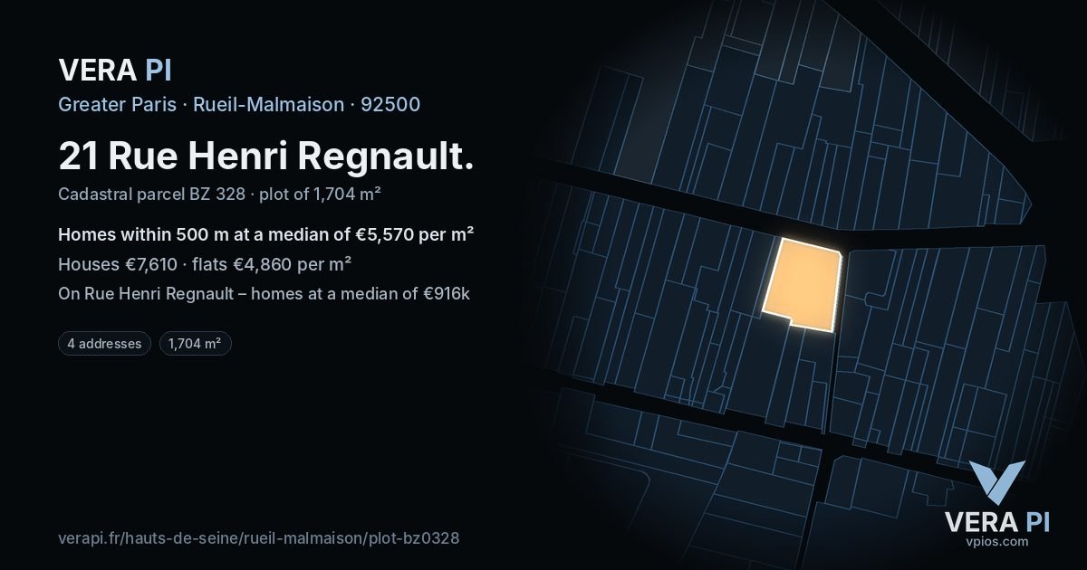 21 Rue Henri Regnault, Rueil-Malmaison at night – the plot lit, the parcels around coloured by the prices near them