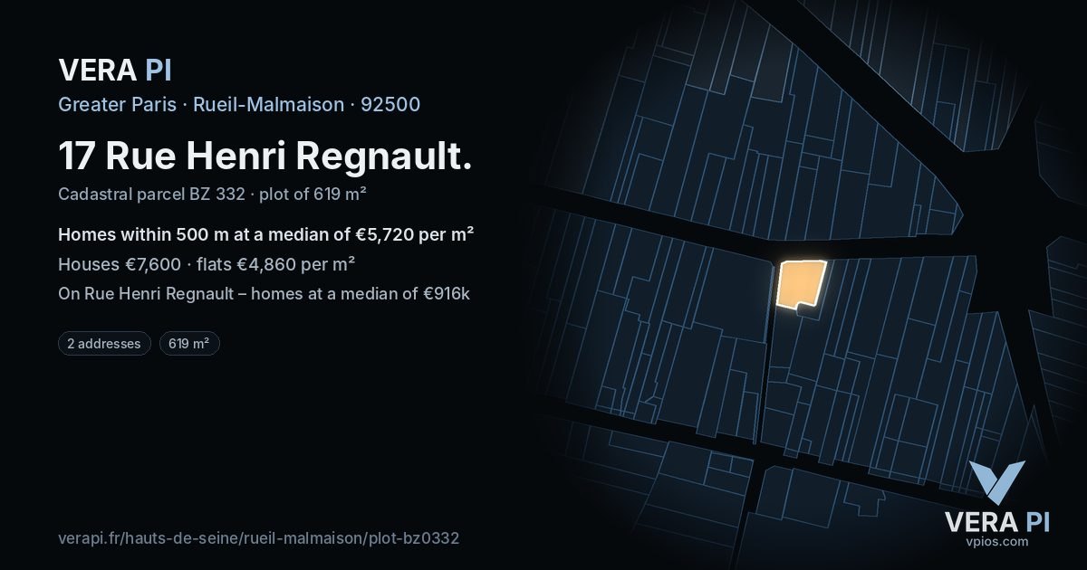 17 Rue Henri Regnault, Rueil-Malmaison at night – the plot lit, the parcels around coloured by the prices near them