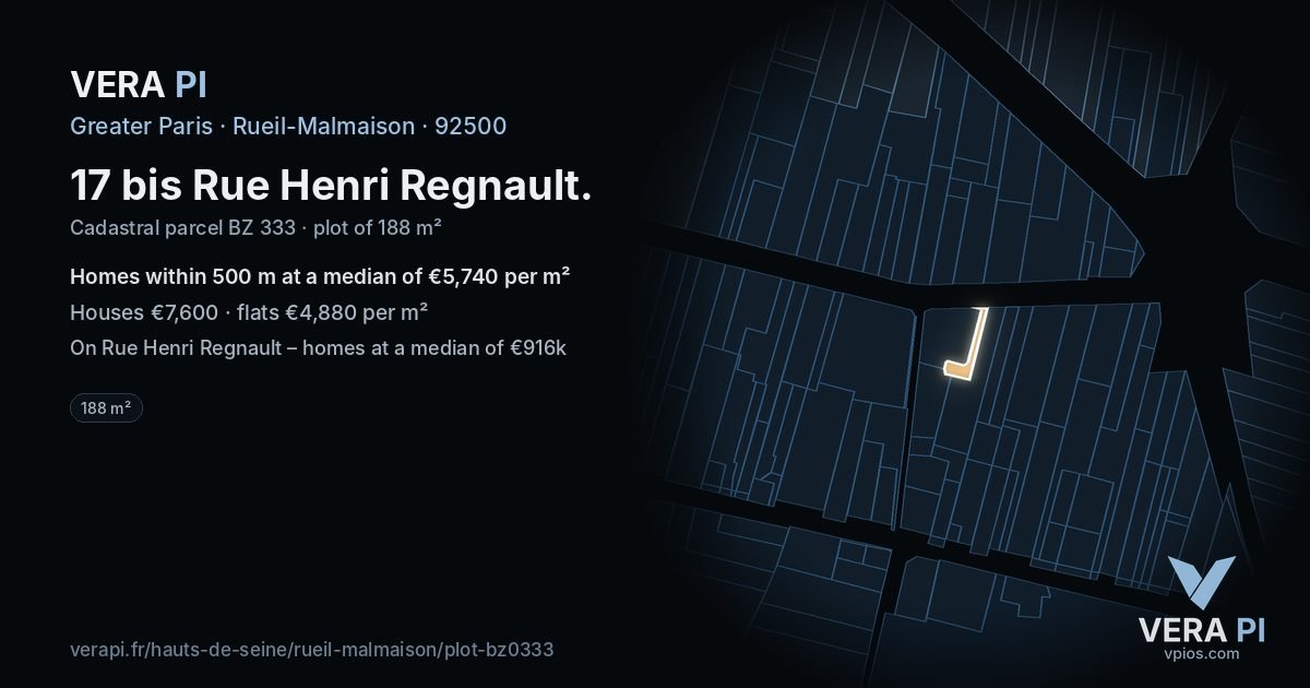 17 bis Rue Henri Regnault, Rueil-Malmaison at night – the plot lit, the parcels around coloured by the prices near them