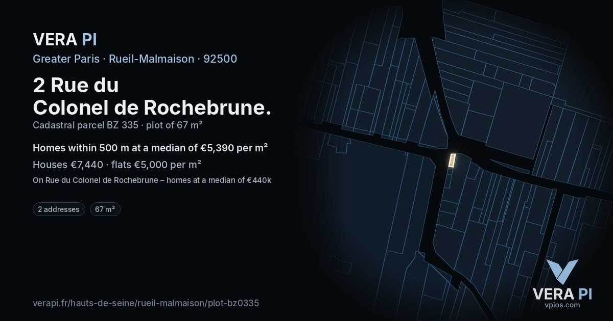 2 Rue du Colonel de Rochebrune, Rueil-Malmaison at night – the plot lit, the parcels around coloured by the prices near them