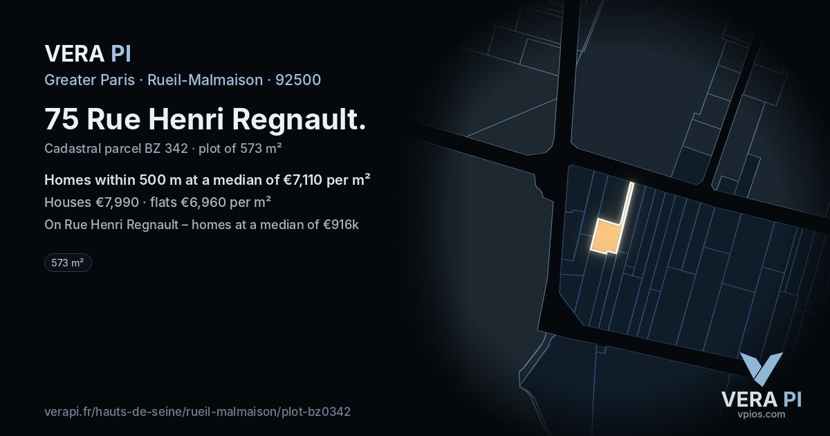 75 Rue Henri Regnault, Rueil-Malmaison at night – the plot lit, the parcels around coloured by the prices near them