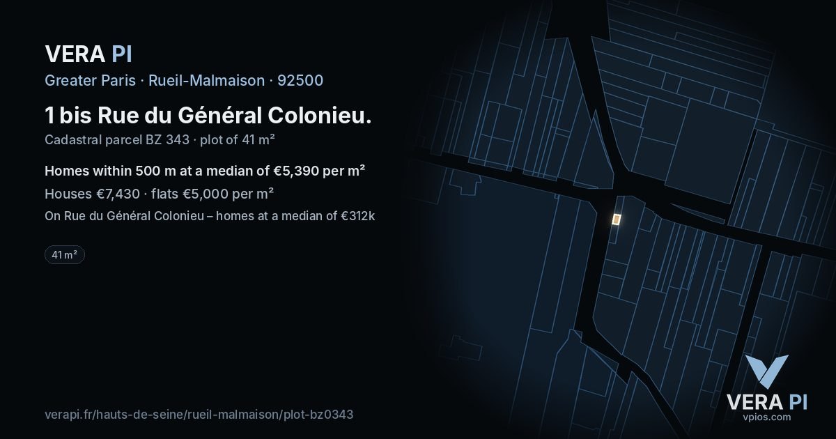 1 bis Rue du Général Colonieu, Rueil-Malmaison at night – the plot lit, the parcels around coloured by the prices near them