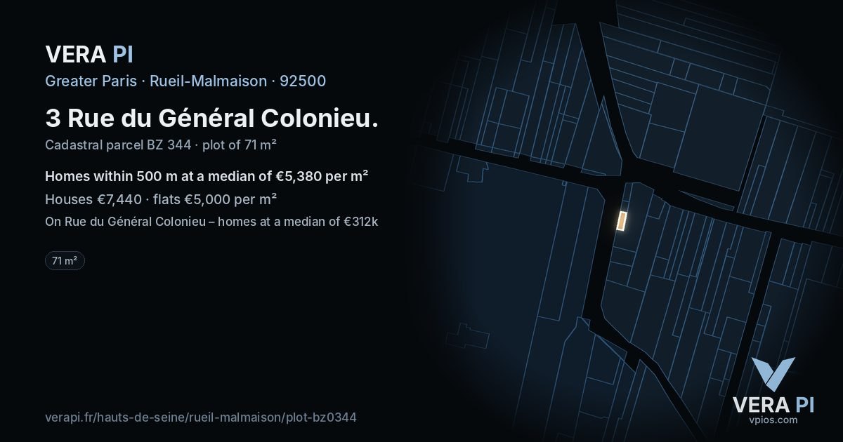 3 Rue du Général Colonieu, Rueil-Malmaison at night – the plot lit, the parcels around coloured by the prices near them
