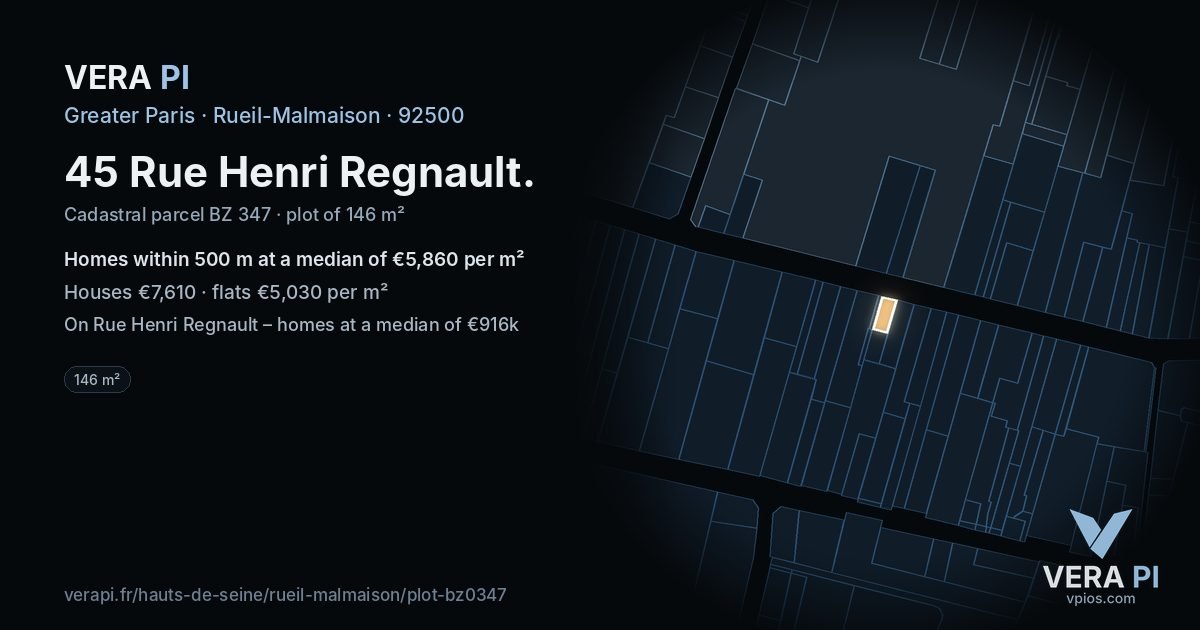 45 Rue Henri Regnault, Rueil-Malmaison at night – the plot lit, the parcels around coloured by the prices near them