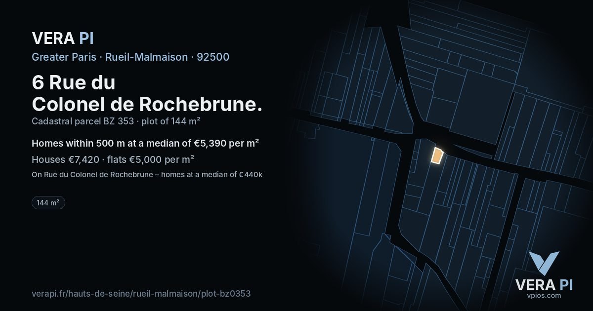 6 Rue du Colonel de Rochebrune, Rueil-Malmaison at night – the plot lit, the parcels around coloured by the prices near them