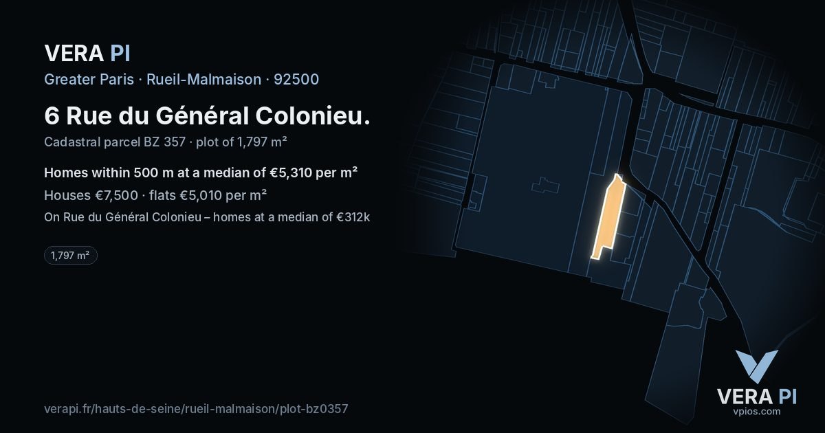 6 Rue du Général Colonieu, Rueil-Malmaison at night – the plot lit, the parcels around coloured by the prices near them