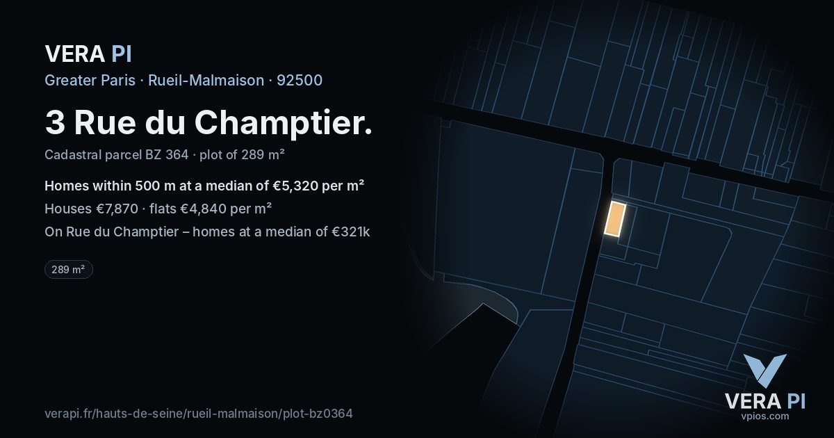 3 Rue du Champtier, Rueil-Malmaison at night – the plot lit, the parcels around coloured by the prices near them