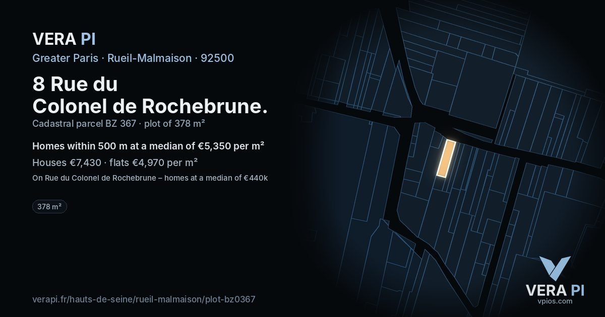 8 Rue du Colonel de Rochebrune, Rueil-Malmaison at night – the plot lit, the parcels around coloured by the prices near them