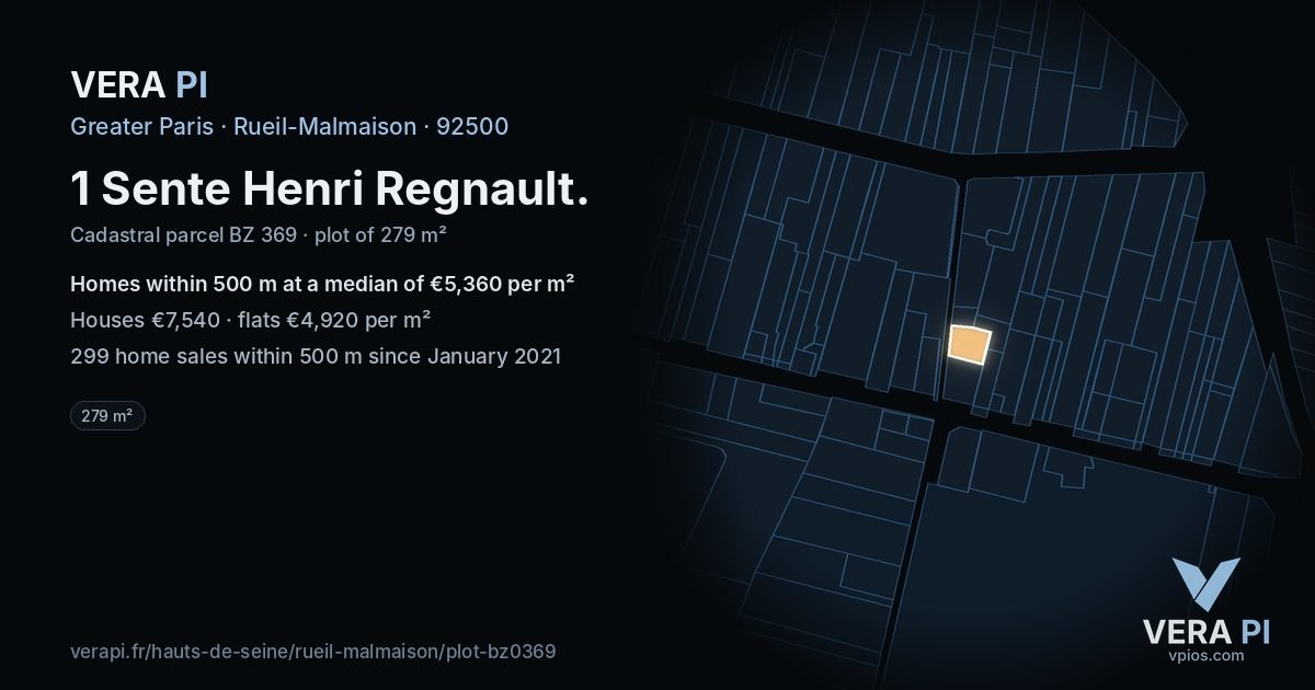 1 Sente Henri Regnault, Rueil-Malmaison at night – the plot lit, the parcels around coloured by the prices near them