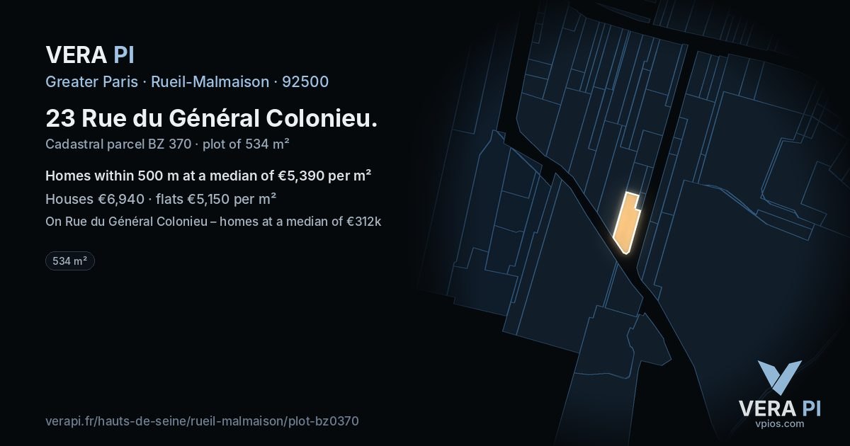 23 Rue du Général Colonieu, Rueil-Malmaison at night – the plot lit, the parcels around coloured by the prices near them