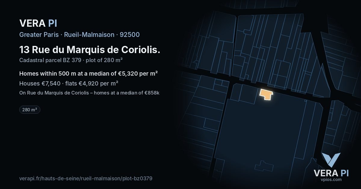 13 Rue du Marquis de Coriolis, Rueil-Malmaison at night – the plot lit, the parcels around coloured by the prices near them