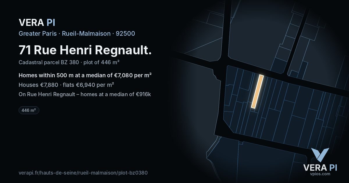 71 Rue Henri Regnault, Rueil-Malmaison at night – the plot lit, the parcels around coloured by the prices near them