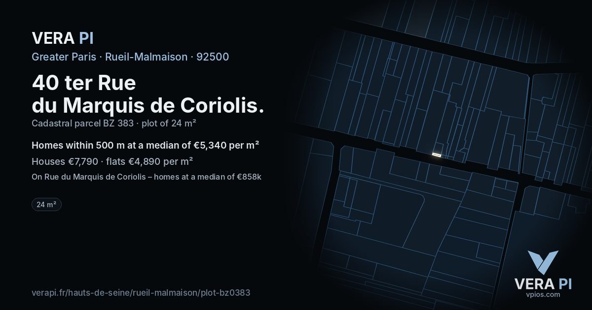 40 ter Rue du Marquis de Coriolis, Rueil-Malmaison at night – the plot lit, the parcels around coloured by the prices near them