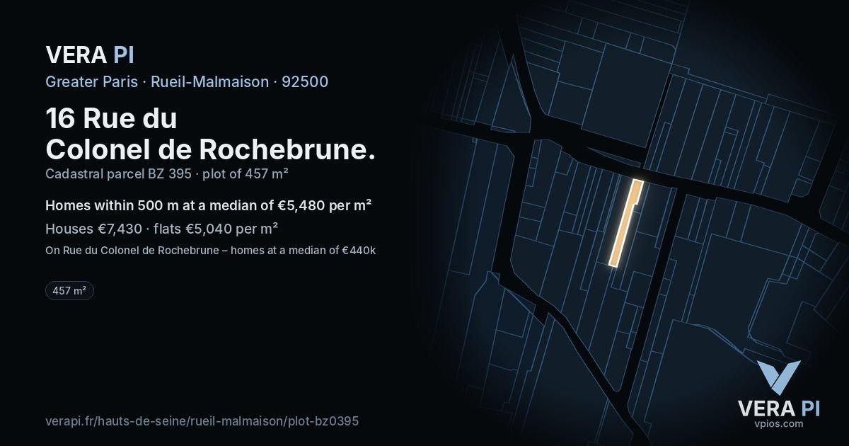 16 Rue du Colonel de Rochebrune, Rueil-Malmaison at night – the plot lit, the parcels around coloured by the prices near them