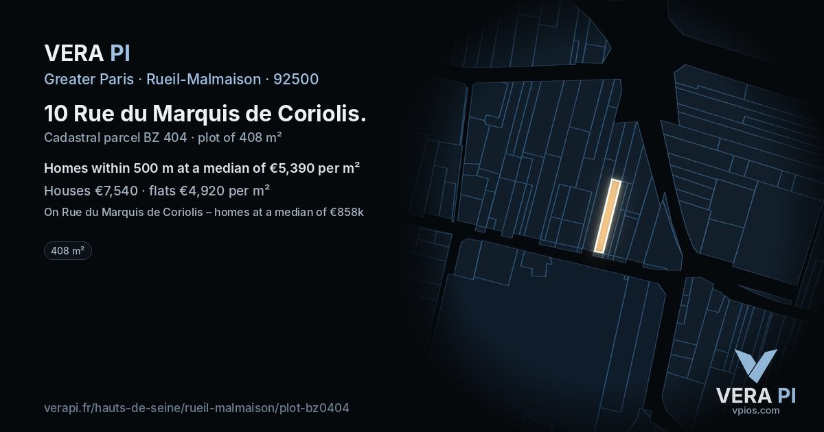 10 Rue du Marquis de Coriolis, Rueil-Malmaison at night – the plot lit, the parcels around coloured by the prices near them