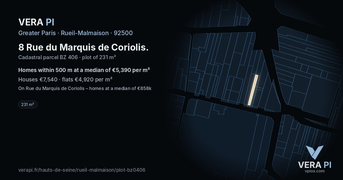 8 Rue du Marquis de Coriolis, Rueil-Malmaison at night – the plot lit, the parcels around coloured by the prices near them
