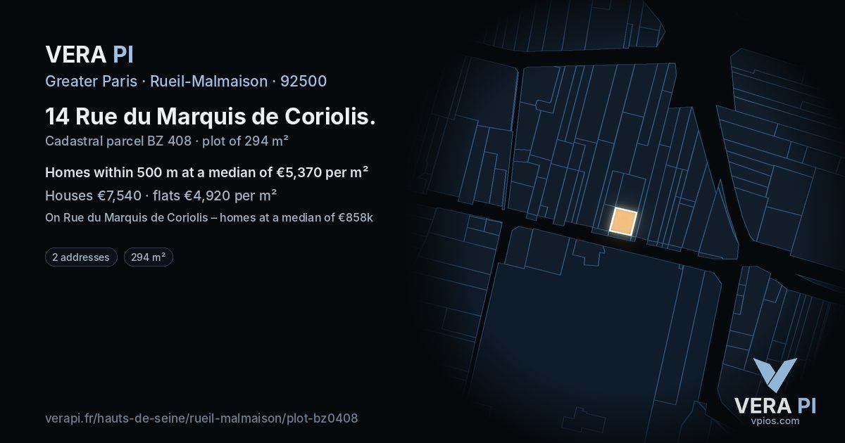14 Rue du Marquis de Coriolis, Rueil-Malmaison at night – the plot lit, the parcels around coloured by the prices near them