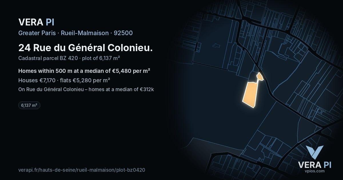 24 Rue du Général Colonieu, Rueil-Malmaison at night – the plot lit, the parcels around coloured by the prices near them