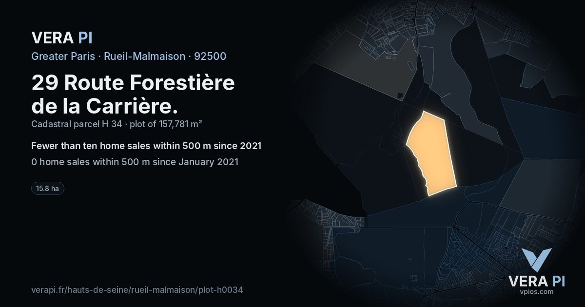 29 Route Forestière de la Carrière, Rueil-Malmaison at night – the plot lit, the parcels around coloured by the prices near them