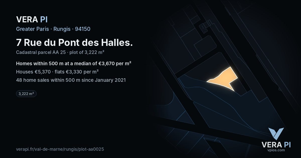 7 Rue du Pont des Halles, Rungis at night – the plot lit, the parcels around coloured by the prices near them