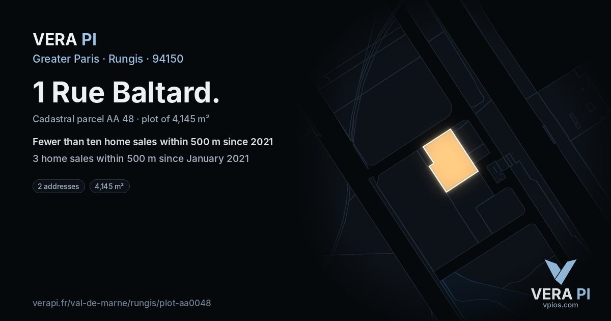 1 Rue Baltard, Rungis at night – the plot lit, the parcels around coloured by the prices near them