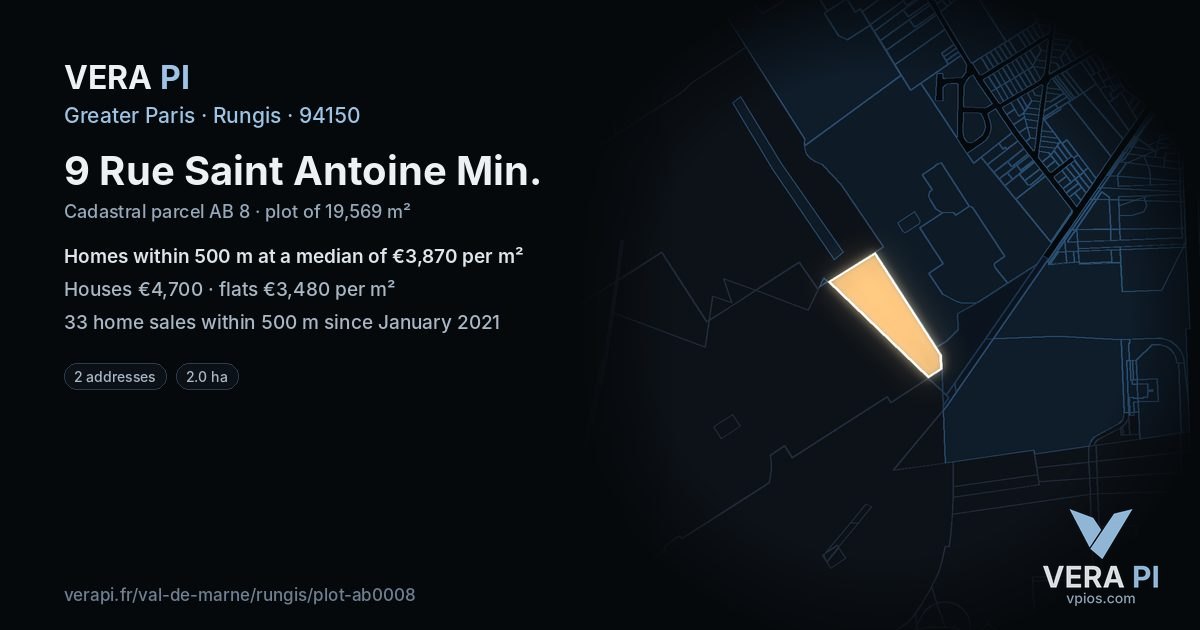 9 Rue Saint Antoine Min, Rungis at night – the plot lit, the parcels around coloured by the prices near them