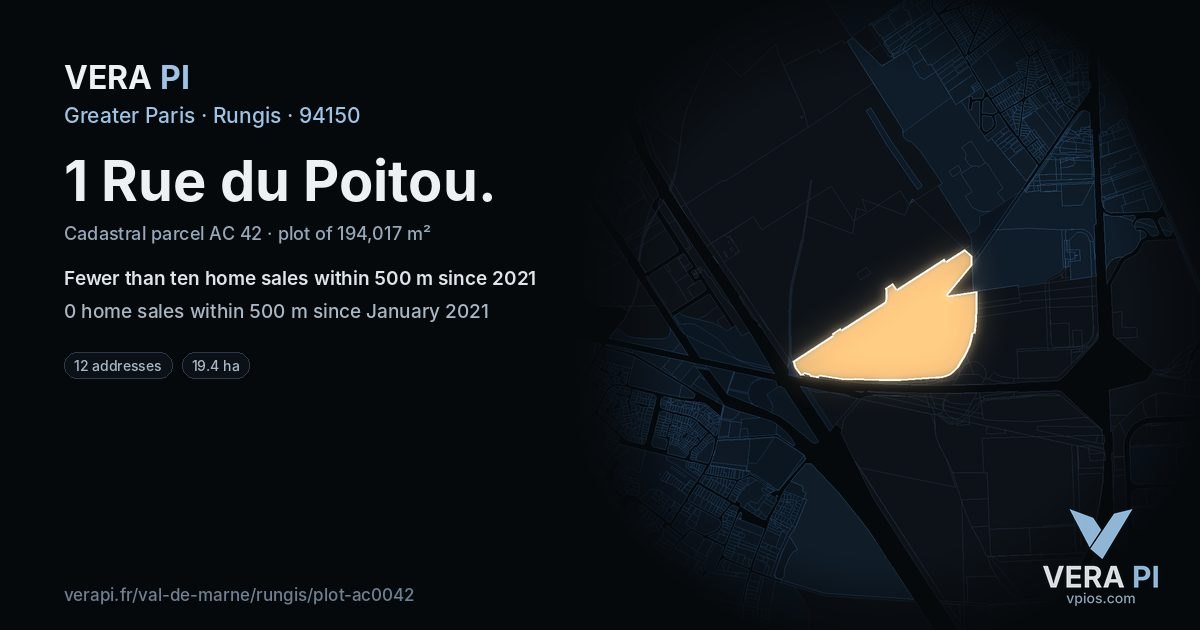 1 Rue du Poitou, Rungis at night – the plot lit, the parcels around coloured by the prices near them