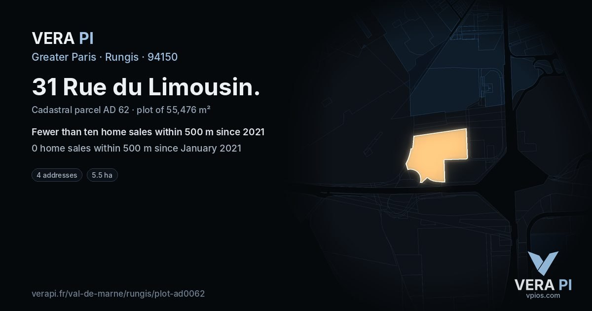 31 Rue du Limousin, Rungis at night – the plot lit, the parcels around coloured by the prices near them