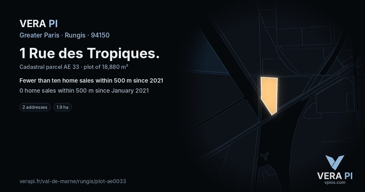 1 Rue des Tropiques, Rungis at night – the plot lit, the parcels around coloured by the prices near them