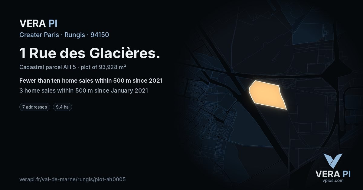 1 Rue des Glacières, Rungis at night – the plot lit, the parcels around coloured by the prices near them