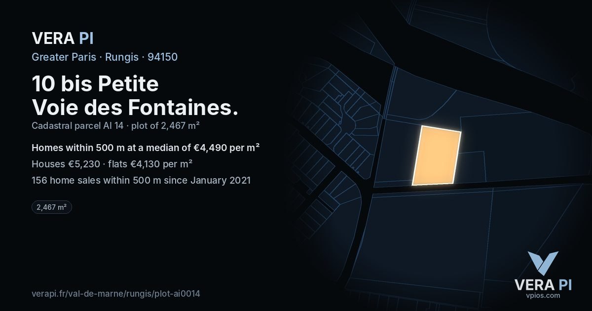 10 bis Petite Voie des Fontaines, Rungis at night – the plot lit, the parcels around coloured by the prices near them