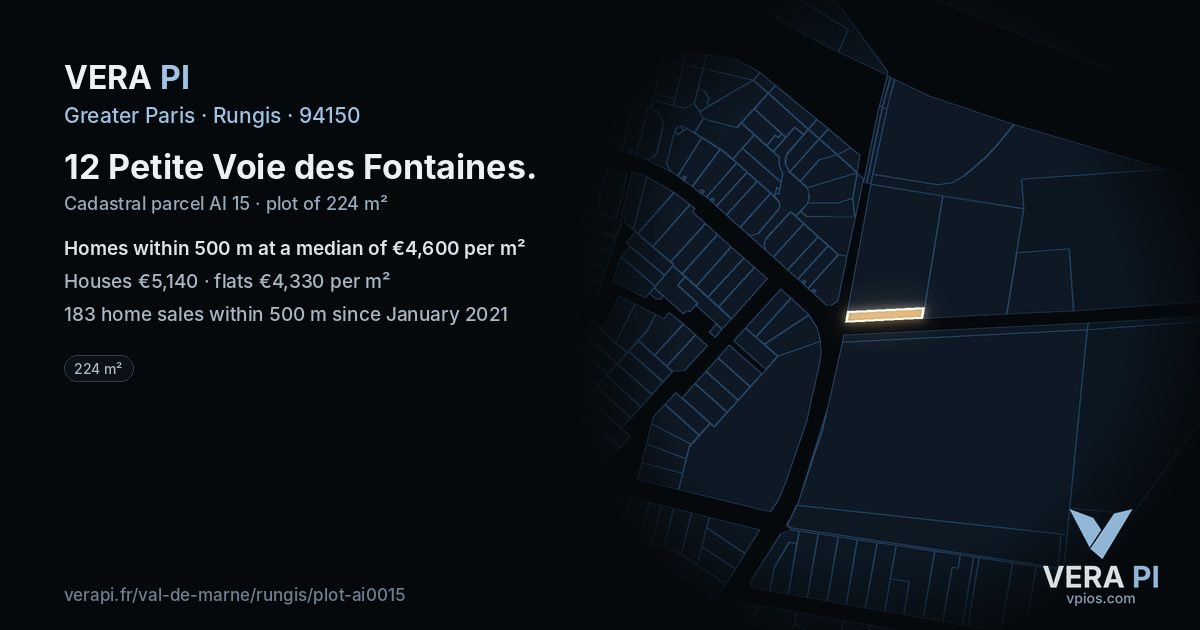 12 Petite Voie des Fontaines, Rungis at night – the plot lit, the parcels around coloured by the prices near them
