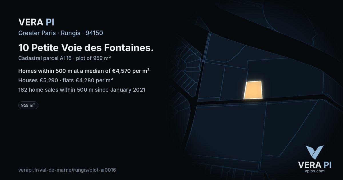 10 Petite Voie des Fontaines, Rungis at night – the plot lit, the parcels around coloured by the prices near them