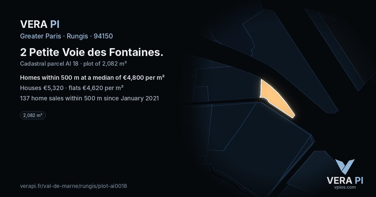 2 Petite Voie des Fontaines, Rungis at night – the plot lit, the parcels around coloured by the prices near them