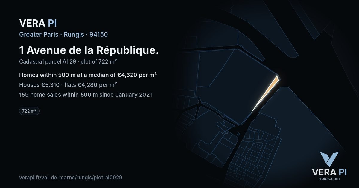 1 Avenue de la République, Rungis at night – the plot lit, the parcels around coloured by the prices near them