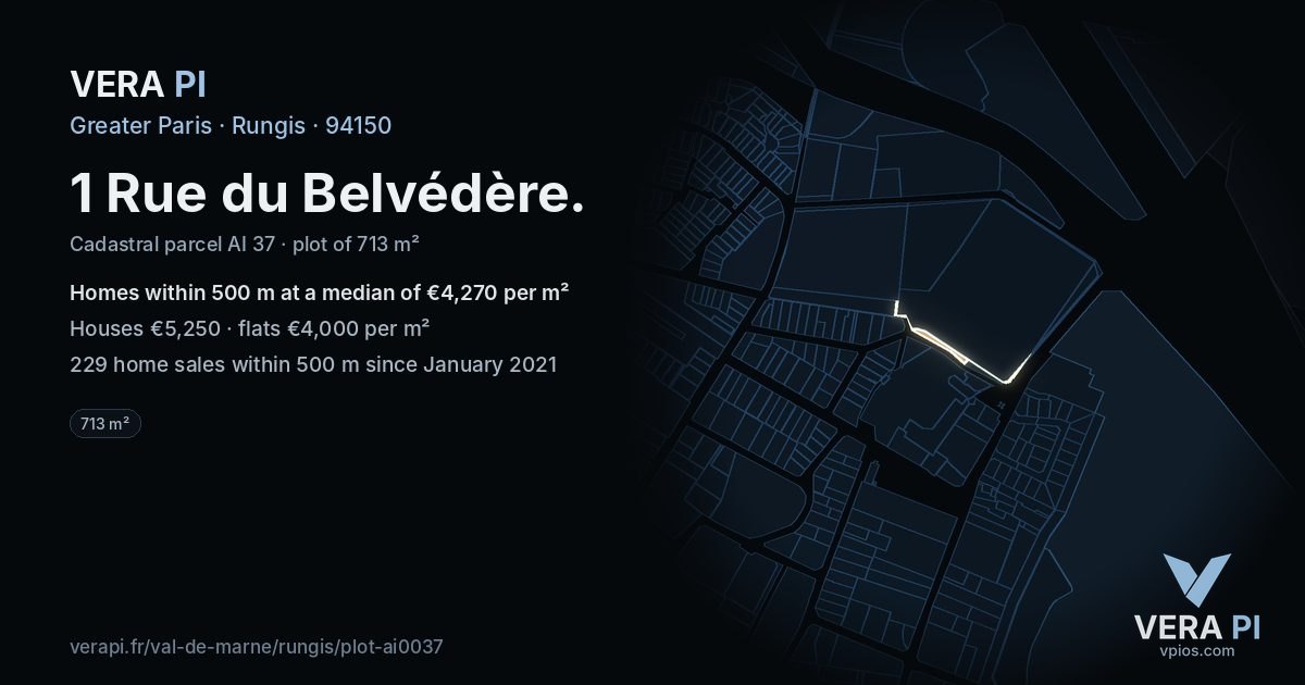 1 Rue du Belvédère, Rungis at night – the plot lit, the parcels around coloured by the prices near them