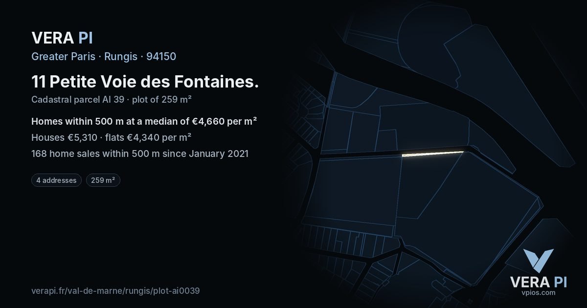 11 Petite Voie des Fontaines, Rungis at night – the plot lit, the parcels around coloured by the prices near them