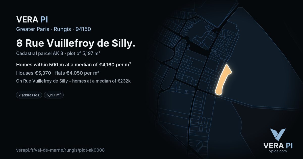 8 Rue Vuillefroy de Silly, Rungis at night – the plot lit, the parcels around coloured by the prices near them
