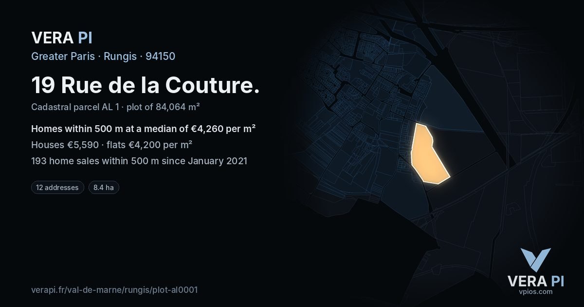19 Rue de la Couture, Rungis at night – the plot lit, the parcels around coloured by the prices near them