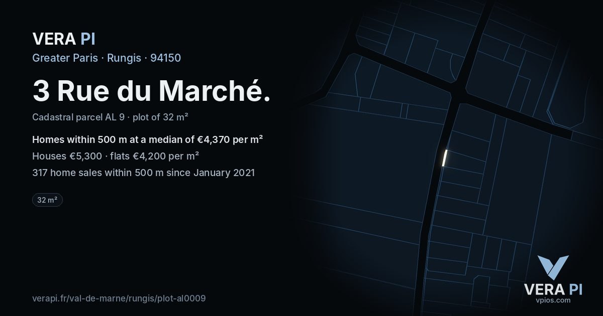 3 Rue du Marché, Rungis at night – the plot lit, the parcels around coloured by the prices near them