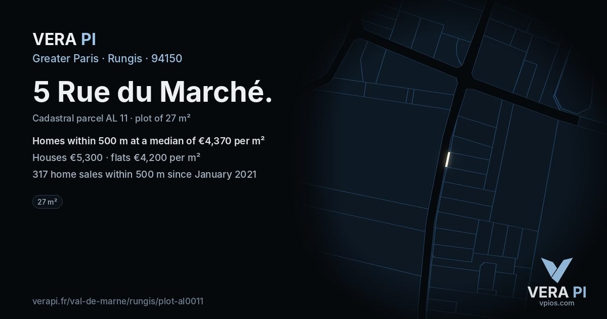 5 Rue du Marché, Rungis at night – the plot lit, the parcels around coloured by the prices near them