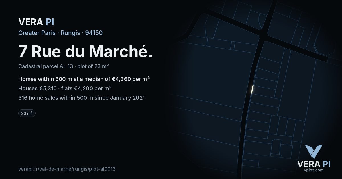 7 Rue du Marché, Rungis at night – the plot lit, the parcels around coloured by the prices near them