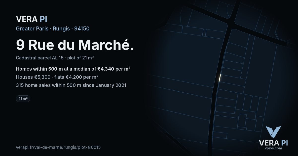 9 Rue du Marché, Rungis at night – the plot lit, the parcels around coloured by the prices near them