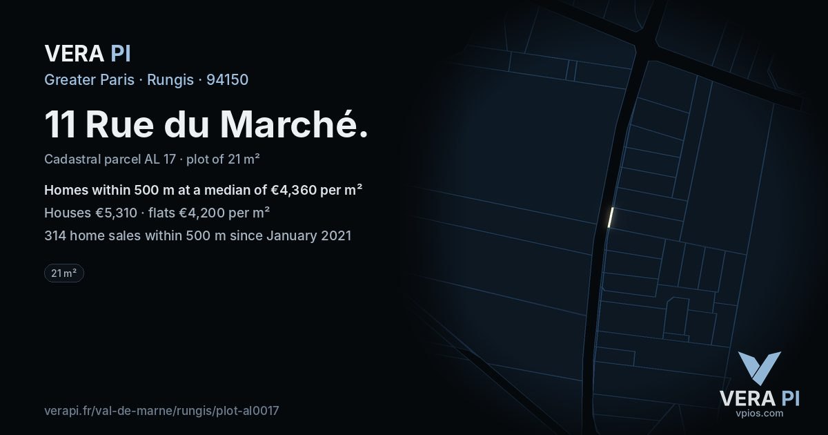 11 Rue du Marché, Rungis at night – the plot lit, the parcels around coloured by the prices near them
